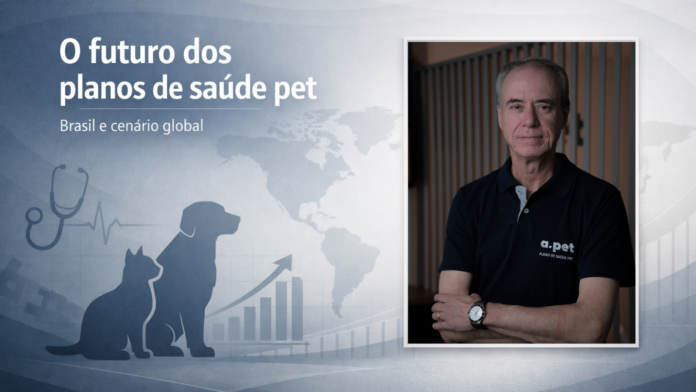 Ilustração editorial sobre o futuro dos planos de saúde pet no Brasil e no cenário global, com gráficos de crescimento, ícones de saúde animal e destaque visual para o mercado pet em expansão.